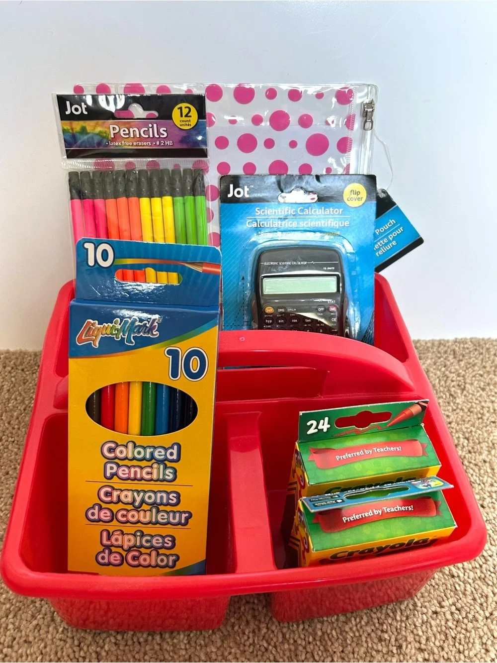 NEW Red Plastic Desk Caddy with School Supplies Crayons, Colored Pencils, etc